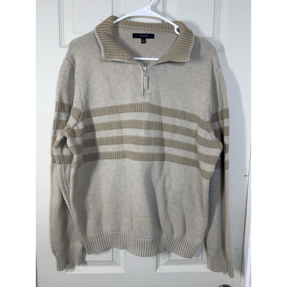 Tahari Women's 100% Cotton Quarter Zip Sweater Beige Striped Knit Pullover Large